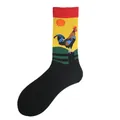 Detailed view of novelty crew socks featuring a colorful rooster and sun pattern. - One Size / Rooster Style