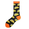 Detailed close-up view of the vibrant taco pattern on black and orange mid-calf socks - One Size / Mexican Taco Style