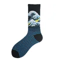 Detailed view of artistic great wave print and blue striped pattern on mid-calf socks - One Size / Hokusai Wave Style