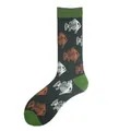 Close-up view of dark grey crew socks with green accents and fish skeleton patterns. - One Size / Fishbone Style