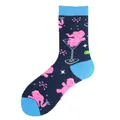Close-up detail of navy blue mid-calf socks featuring pink elephant and martini patterns - One Size / Martini Elephant Style