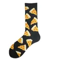 Detailed close-up view of black cotton crew socks with funny cartoon pizza slice pattern - US 2 / One Size