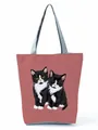 Detailansicht einer rosafarbenen Tragetasche mit niedlichem Katzen-Illustrationsdruck. - Kuh-Katze-Druck (hl3541) / Altrosa