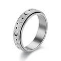 Stainless steel star and moon spinner ring with frosted silver finish for stress relief - Size 6 / Steel