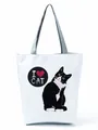 Detailaufnahme einer weißen Einkaufstasche mit süßem Katzenprint und I Love Cat Design - Herz-Katze-Druck (hl3543) / Weiß
