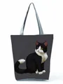 Full view of charcoal tote bag featuring a realistic black and white cat print - Dark Grey Realistic Cat Print (hl3546)