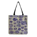 Close-up view of a beige canvas tote bag with artistic blue mushroom prints on it - Blue Abstract Mushroom (hm0831)