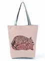 Detailed close-up of a pink tote bag featuring a cute sleeping cat illustration print. - Double Cats Overlaid Print (hl3552)