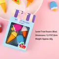 Detailansicht des neuartigen Radiergummi-Sets in Form von Eiscreme und Desserts. - Neue Dessert-gummibärchen In Blau - 4er-packung