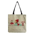 Close-up detail of cute mushroom girl and bird illustration on a linen shopping tote bag - Hooded Girl and Bird (hm0838)