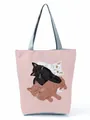 Close-up detail of a pink canvas tote bag featuring a cute stacked three-cat graphic print. - Three Stacked Cats Print (hl3555)