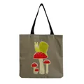 Close-up detail of cute cartoon mushroom and snail print on textured canvas tote bag - Khaki Base Mushroom and Snail (hm0840)