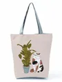 Adorable cat and potted plant graphic print on a stylish cream-colored tote bag detail. - Cat and Plant Illustration (hl3560)