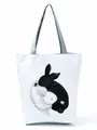 Detailed view of white tote bag featuring a cute black and white bunny illustration. - Rabbits Hugging Print (hl3563)