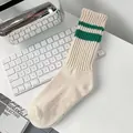 Calze uomo a metà polpaccio a coste bianco crema con strisce verdi, stile retrò giapponese - Parallele Da 168 Cm [beige/verde] / Taglia Unica [36-43]