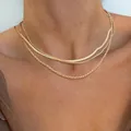 Layered gold necklace set with flat blade, curb, and rope chains for women stylish look - Three-layer Stacked Snake Blade Chain, Cuban Flat Chain and Rope Chain (01 Gold) / Gold