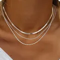 Elegant layered silver-tone snake chain and rope chain necklaces for women's fashion jewelry - Three-layer Stacked Snake Blade Chain, Link Chain and Twisted Rope Chain (01 Silver) / Silver