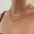 Elegant layered gold snake and curb chain necklace set for women's stylish fashion - Three-layer Stacked Flat Snake Blade Chain and Cuban Chain (06 Gold) / Gold
