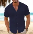 Men's navy blue short-sleeve button-down beach shirt featuring a textured linen fabric look - Navy Blue