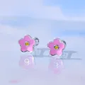 S925 sterling silver pink flower stud earrings with secure screw back design - Screw Back / 999 Fine Silver / Pink