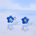 Minimalist blue enamel flower S925 sterling silver screw back stud earrings for women - Screw Back / 999 Fine Silver / Blue