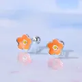 Minimalist S925 sterling silver orange enamel flower stud earrings with screw back ball - Screw Back / 999 Fine Silver / Orange
