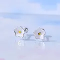 Elegant S925 silver flower stud earrings with white enamel petals and yellow center - Screw Back / 999 Fine Silver / White