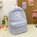 Blue and white checkered backpack with a white ribbon bow embroidery for school students - Purple