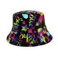 Trendy graffiti print bucket hat featuring Super Girl text and colorful star patterns - M (56-58cm) / Black SuperGirl Graffiti (56)