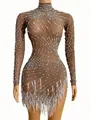 Sexyes braunes Latin-Tanzkleid aus Netzstoff mit Strasssteinen, Perlen und Fransen - S / Auburn