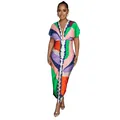 Colorful V-neck printed pleated maxi dress with high slit for women - Fashion dress - M / X6660-Green