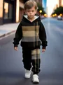 Boys casual hooded tracksuit set with color-block stripe design for urban streetwear - Khaki / 90cm