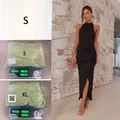 Elegant black pleated halter maxi dress with slim fit design and sexy front slit - S / Black