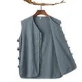 Détail du gilet rétro de style chinois Tang bleu-gris avec boutons grenouilles - M / Vert Foncé