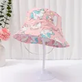 Cute pink baby bucket hat with unicorn print and adjustable chin strap - One Size / Pink Unicorn Rainbow