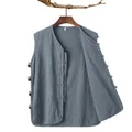 Retro herenvest in Chinese stijl, lichtblauw-grijs dun zomer Tang-pak gilet voor heren. - M / Donkergroen