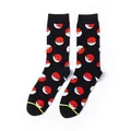 Black crew socks featuring a vibrant red and white cartoon pokeball pattern for adults - A263 / One Size