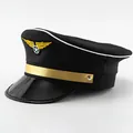 Black pilot captain hat with gold trim and embroidered wings for costume parties. - Black