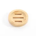 Detailed top view of a round natural bamboo soap dish featuring three drainage slots - Round Bamboo Soap Dish 8x8x1.5 Cm (opp)