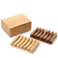 Close-up of handcrafted natural and charred wooden soap dishes with drainage design. - A Set Of 1 Original Color Soap Slipper And 1 Brown Color Soap Slipper (boxed)