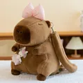 Süßer brauner Wasserschwein-Plüschrucksack mit rosa karierter Schleife und Kaninchen-Anhänger - Hasenkuschelstil [rosa] / 35 Cm [035 Kg]