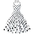 Robe vintage dos nu blanche à pois noirs avec jupe évasée rétro - S / Blanc à pois noirs