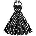 Robe évasée rétro à pois noir et blanc avec encolure licou élégante pour femmes - S / Noir à pois blancs