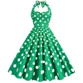 Robe licou vintage verte à grands pois blancs de style swing rétro pour les fêtes - S / Vert à pois blancs