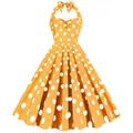 Abito retrò arancione a pois con scollo all'americana e a cuore per feste vintage - Giallo a pois bianchi