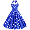 Abito vintage blu a pois con scollatura all'americana - Blu brillante con pois bianchi