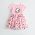 Abito estivo rosa per bambine con stampa unicorno e gonna in tulle a cuori colorati - Rosa / 90cm
