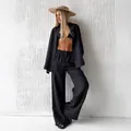 Dames zwarte 3-delige linnen set met oversized overhemd en wijde broek stijl - S / Zwart
