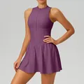 Cloud-feel purple athletic tennis dress with a mock neck zipper and A-line flared skirt - S / Top And Bottom / Plum Purple