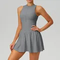 Sleeveless gray tennis dress featuring an A-line skirt and soft cloud-feel fabric - S / Top And Bottom / Rhino Gray